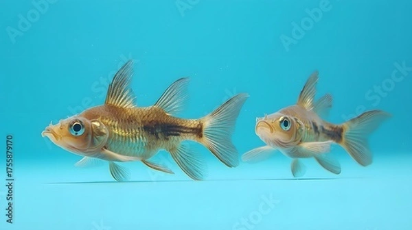 Obraz Two Goldfish Swimming Gracefully in Clear Blue Water Environment