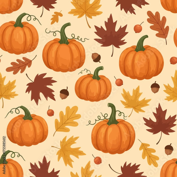 Obraz Pumpkin and autumn leaves seamless pattern for Thanksgiving design