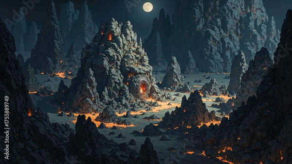 Fototapeta Cinematic Fantasy Environment with Lava Rivers and Moon
