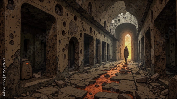 Fototapeta Mysterious Abandoned Building with Broken Architecture