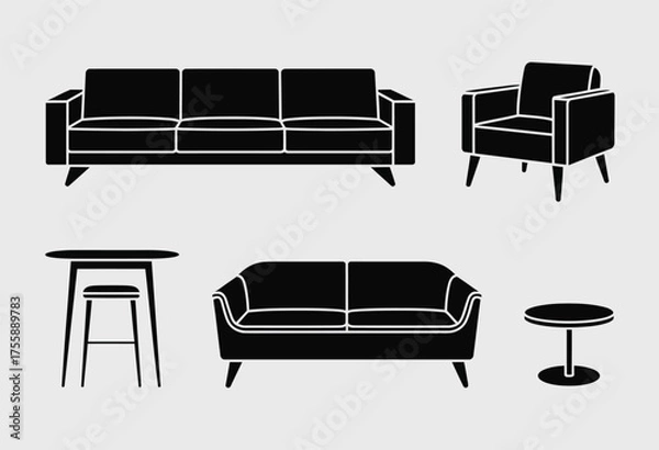Fototapeta Modern vector furniture set scalable eps icons sofa armchair table stool for interior design projects vector illustration white background