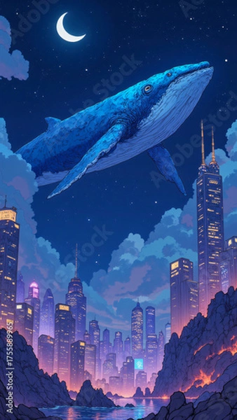 Fototapeta Dreamlike Sky Whale Over Neon Metropolis Skyline