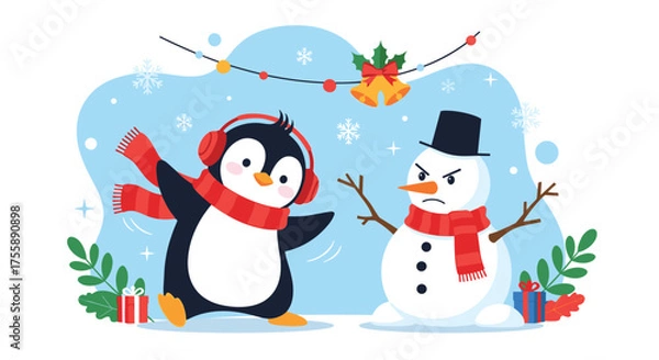 Fototapeta A cheerful penguin dances near a grumpy snowman during winter.
