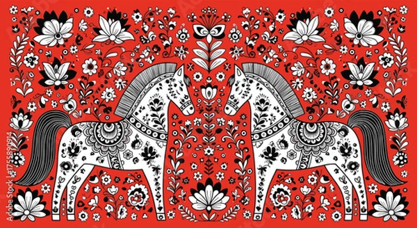 Fototapeta Intricate folk art pattern featuring two stylized horses surrounded by floral motifs on a red background.