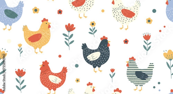 Fototapeta A charming pattern of illustrated chickens and wildflowers in a repeating design.
