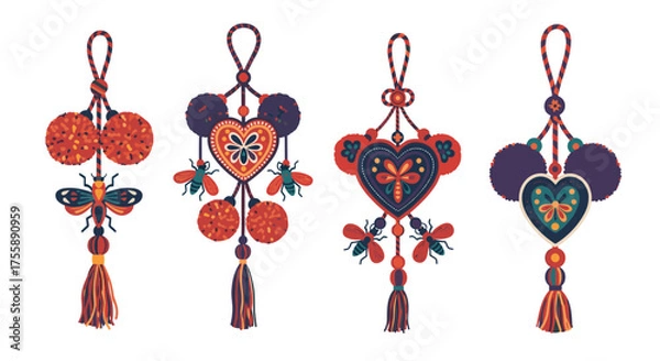 Fototapeta Colorful bohemian style charms with hearts tassels and decorative insects.