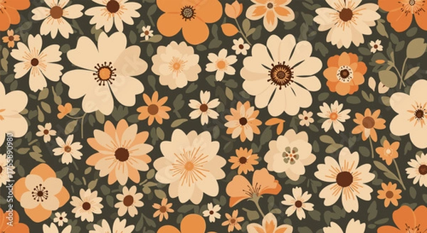 Fototapeta A charming vintage floral pattern with a warm color palette featuring many daisies and other small flowers on a dark background.