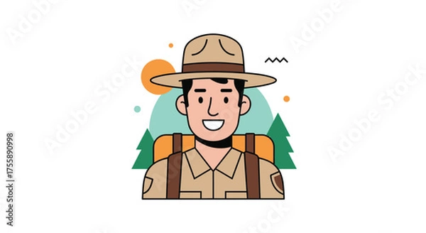 Fototapeta Friendly park ranger with a backpack ready for adventure in a scenic natural environment.