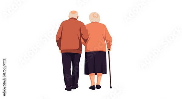 Fototapeta A loving elderly couple walks arm in arm together in a slow and steady pace.
