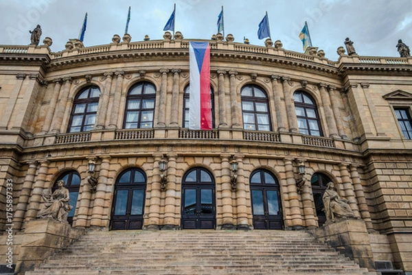 Fototapeta Elegant neoclassical façade of the Rudolfinum concert hall in Prague, Czech Republic, captured on an overcast day