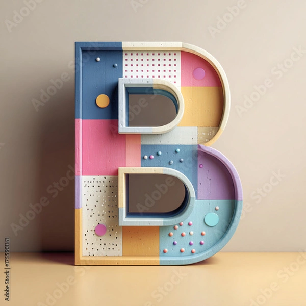 Obraz Colorful, large, wooden letter B with minimal design, featuring various shapes and textures, evokes creativity and playfulness