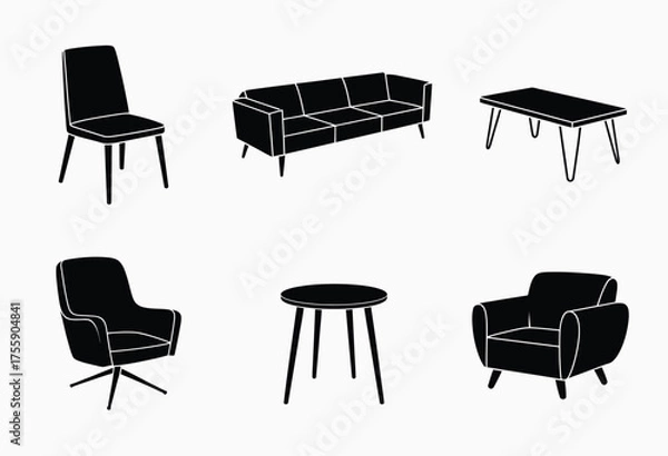 Fototapeta Collection of modern furniture vector icons including sofa armchairs chairs and tables scalable eps graphics vector illustration white background