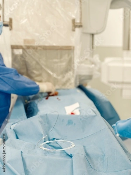 Obraz In a sterile clinical environment, healthcare professionals prepare for a procedure involving innovative drug-eluting microspheres designed for targeted cancer therapy in the liver