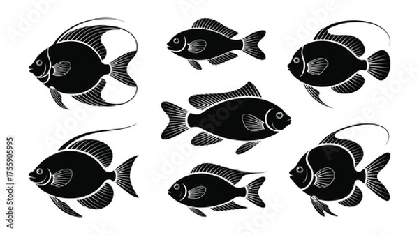 Fototapeta Vector illustration set of diverse black silhouette fish icons scalable for graphic design projects vector illustration white background