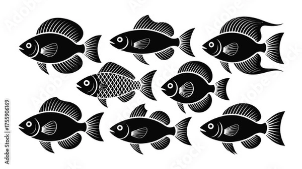 Fototapeta Collection of six stylized black fish vector illustrations for aquatic themes and design projects vector illustration white background