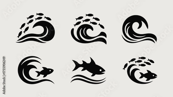 Fototapeta Minimalist black line art wave and fish vector illustrations set scalable eps icon collection vector illustration white background