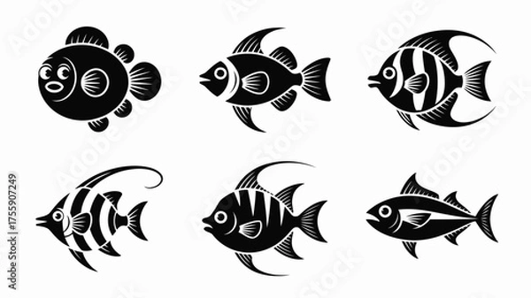 Fototapeta Set of six adorable cartoon fish silhouettes vector illustration scalable eps graphics for aquatic designs vector illustration white background
