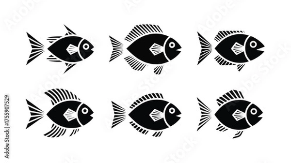 Fototapeta Set of six stylized black fish vector illustrations scalable for diverse design projects vector illustration white background