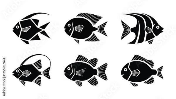 Fototapeta Vector illustration set six stylized black fish silhouettes scalable eps for aquatic designs vector illustration white background