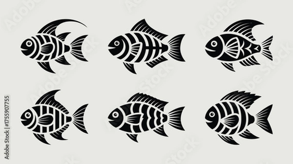 Fototapeta Six scalable vector illustrations of stylized black and white fish perfect for aquatic themes vector illustration white background