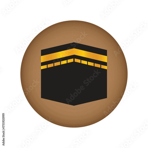 Fototapeta Kaaba Icon Vector Design with Golden Details in Brown Circle Background, kaaba illustration mecca vector, islamic religious vector holy site workship place, pilgrimage makkkah icon vector illustration