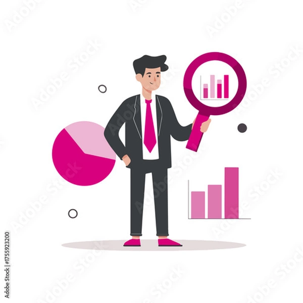 Fototapeta Businessperson analyzing data with magnifying glass and charts
