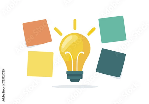 Obraz Bright lightbulb surrounded by sticky notes representing ideas and concepts
