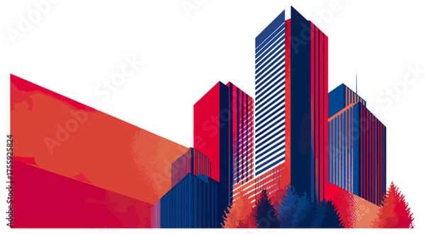 Fototapeta Abstract cityscape illustration with modern buildings and trees