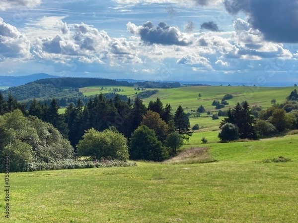 Fototapeta panorama of beautiful countryside of Rhoen, Hesse, Germany. sunny afternoon. wonderful springtime landscape in mountains. grassy field and rolling hills. rural scenery.