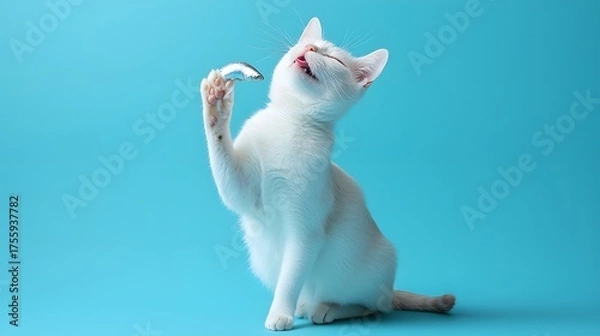 Obraz Playful White Cat Enjoying Fish on Bright Blue Background