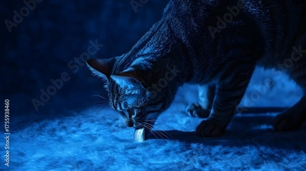 Obraz Cat Exploring in Blue Light on Soft Surface in Dark Environment