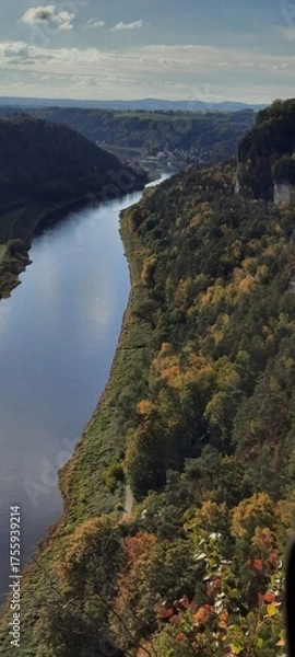 Fototapeta Elbe river. Saxon Switzerland pak in Germany. view from the height of the Bastai bridge. Sandstone mountains .