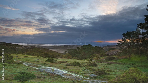 Fototapeta Curro de Forgoselo: mountains, extensive livestock farming, nature hikes, walks among cows and horses, enjoying the views. Once a year, the horses gather to have their manes trimmed.