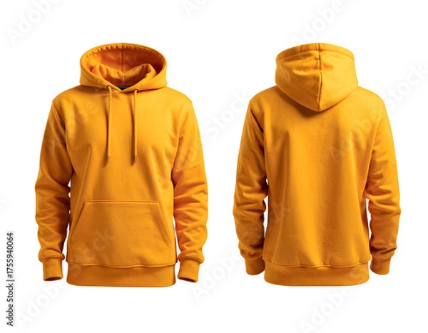 Fototapeta Front and back view of a golden-yellow hoodie with a kangaroo pocket, isolated on black