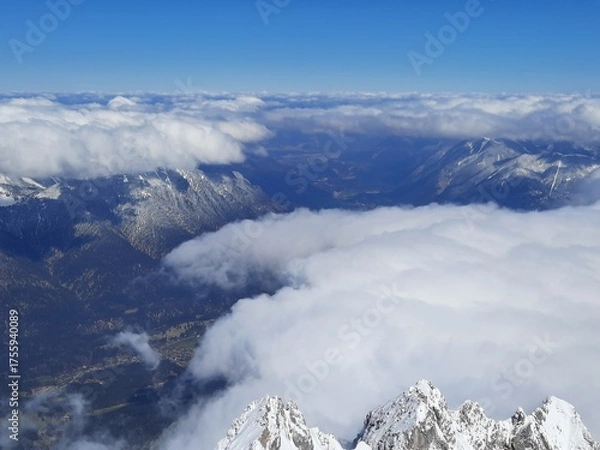 Fototapeta Snow covered mountain top in Austria. View of the Alps from the Zugspitze, the highest mountain in Germany