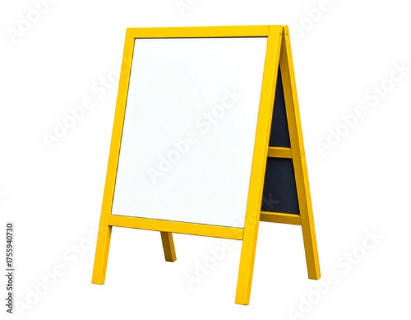Fototapeta A yellow-framed, A-frame sign with a blank white surface on a black background