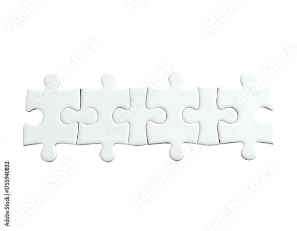 Fototapeta Five interlocking puzzle pieces in white against a black background, forming a horizontal chain