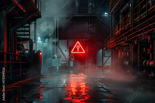 Fototapeta 赤く光る立入禁止サインが浮かぶ工業的な警告背景