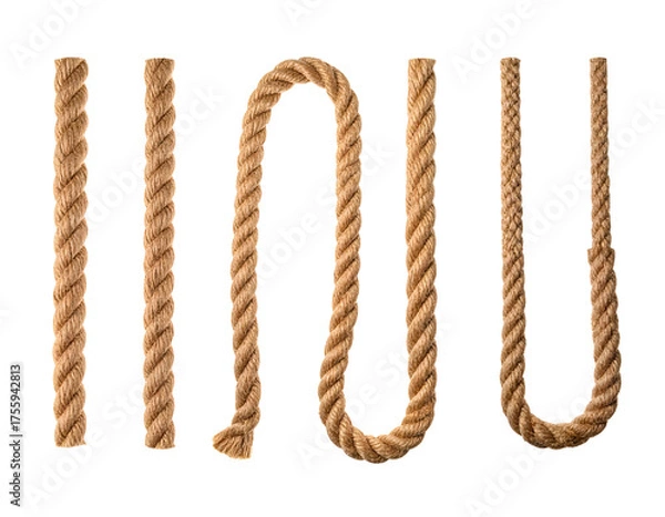 Fototapeta Various brown ropes, straight and curved, isolated on a black background