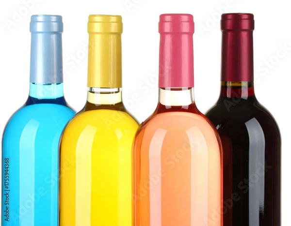 Fototapeta Four vibrant wine bottles with colorful foil tops, various hues, isolated on black background