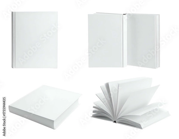 Fototapeta Four different perspectives of a blank white book, representing different stages of opening