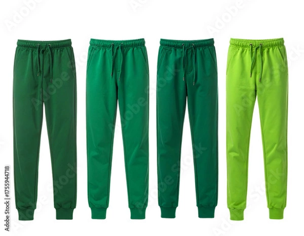 Fototapeta Four solid-colored, drawstring joggers in different shades of green for casual wear