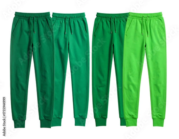 Fototapeta Four pairs of solid green sweatpants stand upright, in various shades against a black backdrop