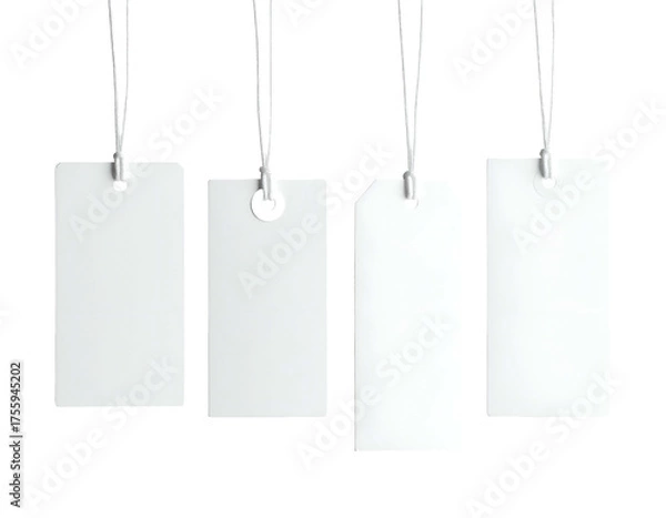 Fototapeta Four plain, white rectangular tags hanging from strings against a stark black background