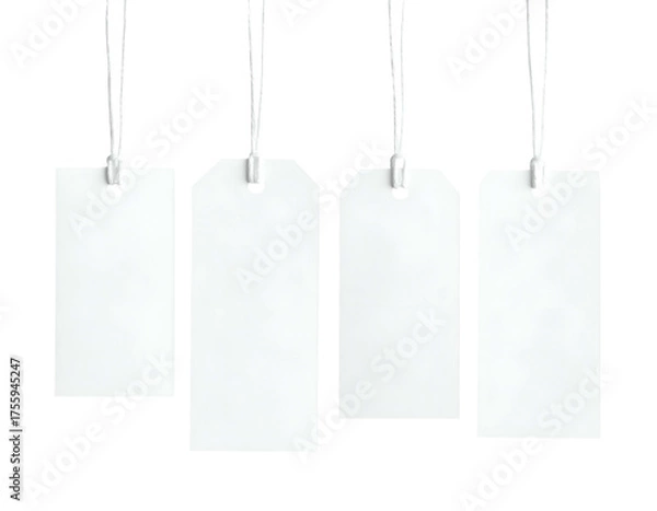 Fototapeta Four blank, rectangular white labels suspended from strings, isolated on a black background