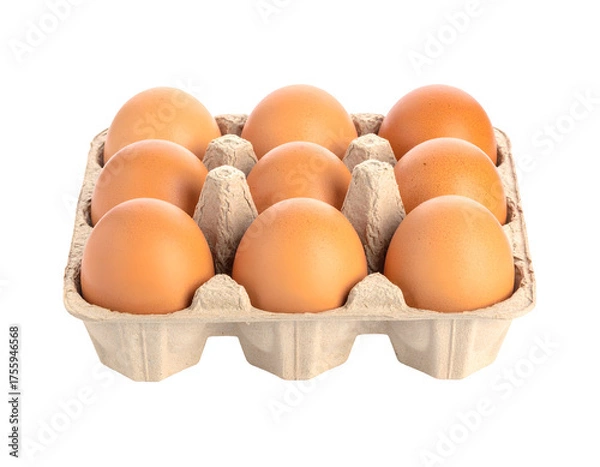 Fototapeta Close-up studio shot of nine brown eggs neatly arranged in a cardboard egg carton