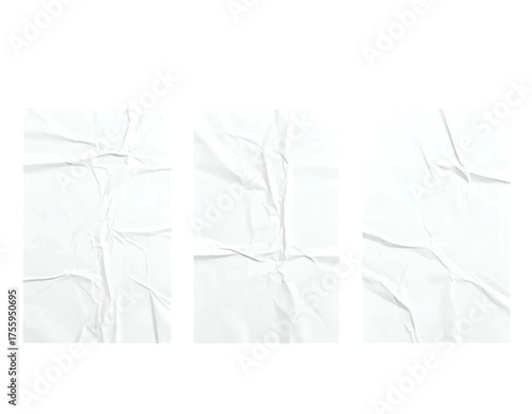 Fototapeta Three upright white paper sheets, each crumpled and folded, framed against a black backdrop