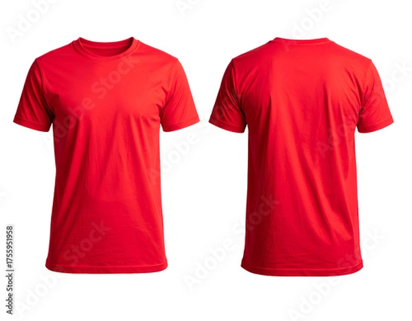 Fototapeta Front and back views of a plain, bright red short-sleeved t-shirt against a black background