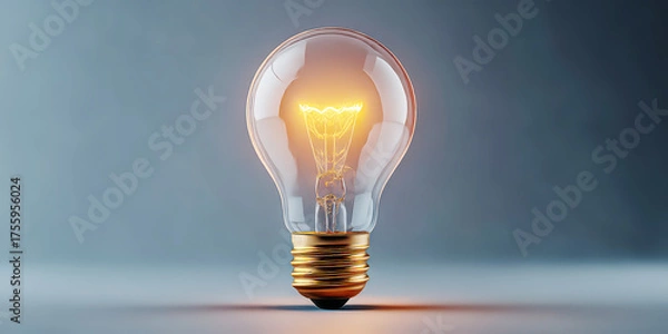 Fototapeta Brightly Glowing Filament Light Bulb with Golden Base on Grey Background