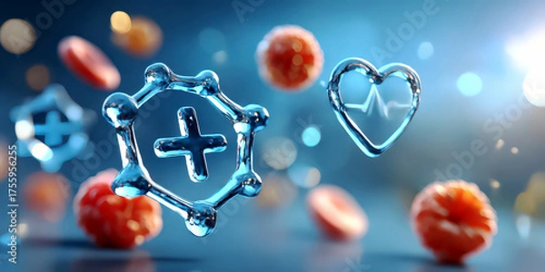 Obraz Abstract Health and Immunity Icons Floating on a Blue Background